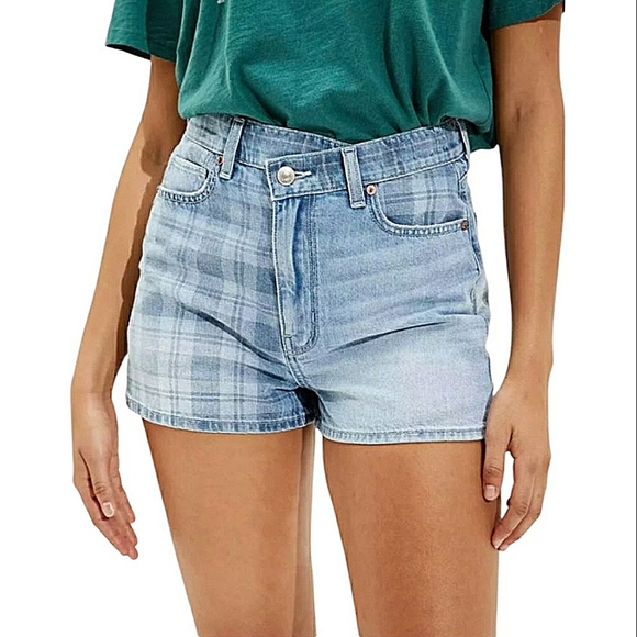 AEO American Eagle Highest Rise Mom Short Light Denim Plaid Cotton Size 2 - Picture 1 of 13